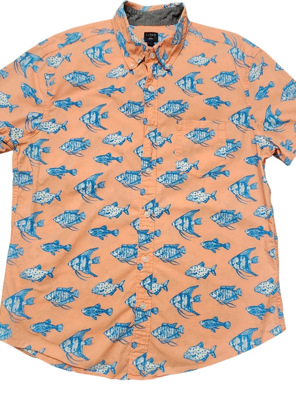 J.CREW Fisherman Orange Blue Fish Print Button-Down Short Sleeve Shirt Size L
